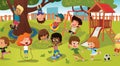Group of kids playing game on a public park or school playground with with swings, slides, skate, ball, crayons, rope Royalty Free Stock Photo