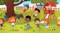Group of kids playing game on a public park or school playground with with swings, slides, skate, ball, crayons, rope Royalty Free Stock Photo