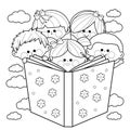 Group of children reading a book. Vector black and white coloring page. Royalty Free Stock Photo