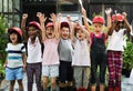 Group of kids school field trips learning outdoors active smiling fun Royalty Free Stock Photo