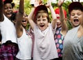 Group of kids school friends hand raised happiness smiling learn Royalty Free Stock Photo