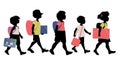 Group of kids silhouettes with backpacks, briefcases, folders and books, going to school