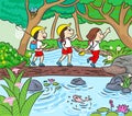 Group of kids trekking trail in forest vector illustration