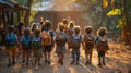 Group of Kids Walking Down Street at Sunset Royalty Free Stock Photo