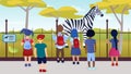 Group of diversey kids at a zoo excursion School children or kindergarten. Kids look at the zebra. Zoology for little Royalty Free Stock Photo