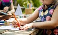 Group of kindergarten kids friends drawing art class outdoors Royalty Free Stock Photo