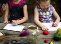 Group of kindergarten kids friends drawing imagination art on th Royalty Free Stock Photo