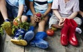 Group of kindergarten kids little farmers learning gardening Royalty Free Stock Photo