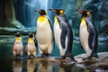 Group of king penguins on the rock in the zoo, Thailand, Group of king penguins in the zoo. Wildlife scene from nature, AI