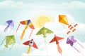 Group of kite soars in the sky flying colored toy vector illustration with cloudy morning sky on background Royalty Free Stock Photo