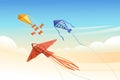 Group of kite soars in the sky flying colored toy vector illustration with cloudy morning sky on background Royalty Free Stock Photo