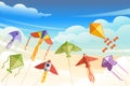 Group of kite soars in the sky flying colored toy vector illustration with cloudy morning sky on background Royalty Free Stock Photo