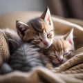 A group of kittens cuddled up together, fast asleep in a pile of blankets2