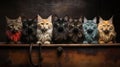 Group of kittens in front of a fireplace. Studio shot. Royalty Free Stock Photo