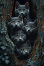 Group of Kittens Observing Outside Through Tree Hole. Royalty Free Stock Photo