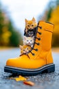 A group of kittens sitting in a pair of yellow boots Royalty Free Stock Photo