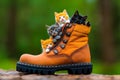 A group of kittens sitting on top of a pair of boots Royalty Free Stock Photo