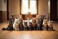 group of kittens sitting on a wooden floor and looking at the camera, A group of cats lined up with a bowl of food on the floor, Royalty Free Stock Photo