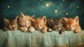 Group of kittens sleeping on green background with stars and space for text Generative AI