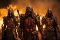 Group of Knights Standing in Front of a Fire, Witness the Warriors of Ember, masked warriors in fiery armor, each wielding a