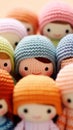 A group of knitted dolls with different colored hats, AI Royalty Free Stock Photo