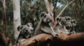 A group of koalas sitting on a tree branch. Generative AI image.