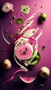 Group of Kohlrabi Vegetable Creatively Falling-Dripping Flying or Splashing on Pink Background AI Generative