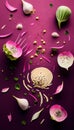 Group of Kohlrabi Vegetable Creatively Falling-Dripping Flying or Splashing on Purple Background AI Generative