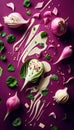 Group of Kohlrabi Vegetable Creatively Falling-Dripping Flying or Splashing on Purple Background AI Generative