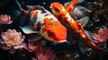 a group of koi fish in a large and clear pond, colorful, very beautiful, real, long-tailed and beautiful fish , Generate AI