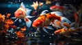 a group of koi fish in a large and clear pond, colorful, very beautiful, real, long-tailed and beautiful fish , Generate AI