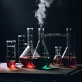 Group of laboratory flasks with colored liquid inside Royalty Free Stock Photo