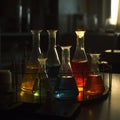 Group of laboratory flasks with colored liquid inside Royalty Free Stock Photo
