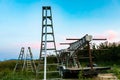 Group of ladders in the cherry orchard