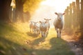 group of lambs following a sunlit path