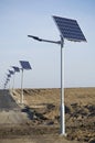 Group of lamps powered by solar panel against blue sky. Royalty Free Stock Photo