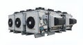 Group of Large Gray Industrial Cooling Units on a White Background for Air Conditioning and Ventilation Systems in Royalty Free Stock Photo