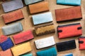 Group of leather wallets in different colours, top view Royalty Free Stock Photo