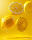 A group of lemons falling into the air with water splashing on them Royalty Free Stock Photo