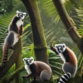 A group of lemurs forming a conga line under the jungle canopy, led by a lemur in a grass skirt2
