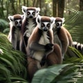 A group of lemurs forming a conga line under the jungle canopy, led by a lemur in a grass skirt4