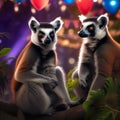 A group of lemurs holding a masquerade ball in the treetops, with vibrant masks and twinkling lights3 Royalty Free Stock Photo