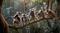 Ring-tailed Lemurs Social Gathering on a Mossy Branch in Madagascar Jungle Royalty Free Stock Photo
