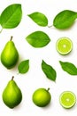 Group of limes and leaves on white background. Generative AI Royalty Free Stock Photo
