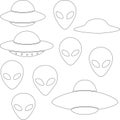 group of line art featuring UFOs and alien heads Royalty Free Stock Photo