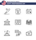 Group of 9 Lines Set for Independence day of United States of America such as book; american; security; flag; american