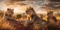 A group of lions sitting on top of a dry grass covered field. Generative AI image.