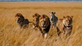 A group of lions and zebras walking through a field, AI