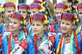 Group of little girls dancers in a native Ukrainian costumes starting the dance