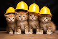 Group of little kittens in a hard hat on a black background, A group of small kittens wearing construction hats, AI Generated